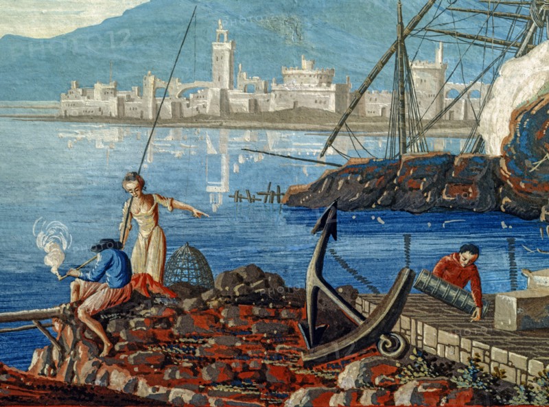 Baseggio, Paysage marin avec port et calfeutreurs au travail (détail)
