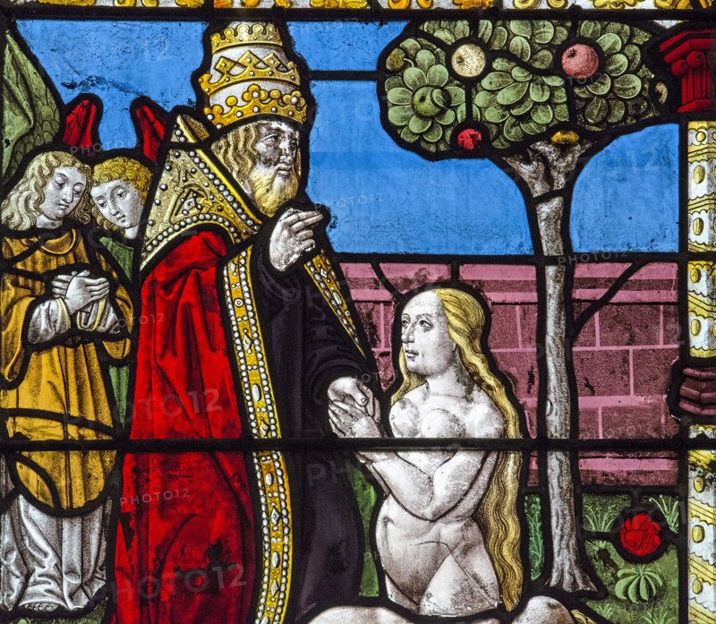 Vitrail de la Genèse : Dieu crée Eve à partir d'une côte d'Adam