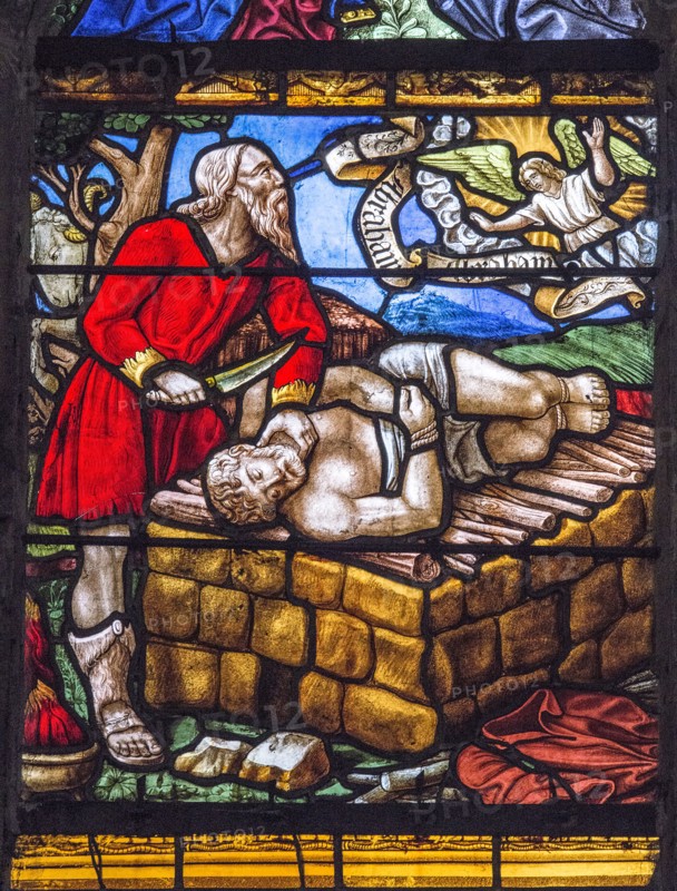 Vitrail de la Genèse : le sacrifice d'Isaac, l'ange de Dieu arrête la main d'Abraham