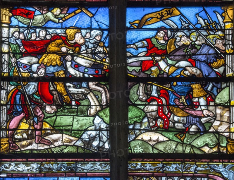 Vitrail du Triomphe de la Croix : la victoire de Constantin sur Maxence à la bataille du pont Milvius