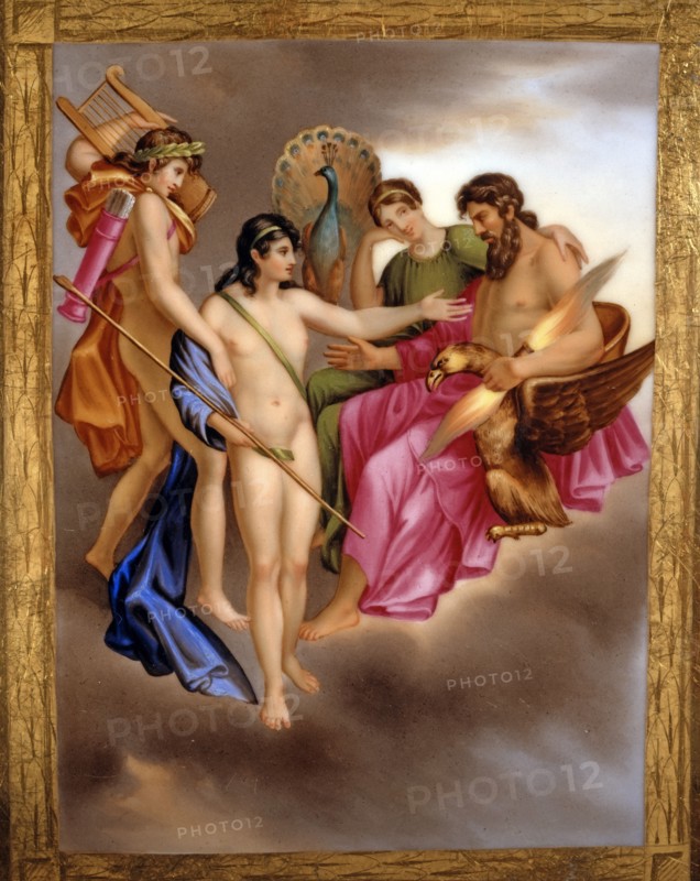 Détail d'un plateau représentant Apollon devant Zeus dans l'Olympe