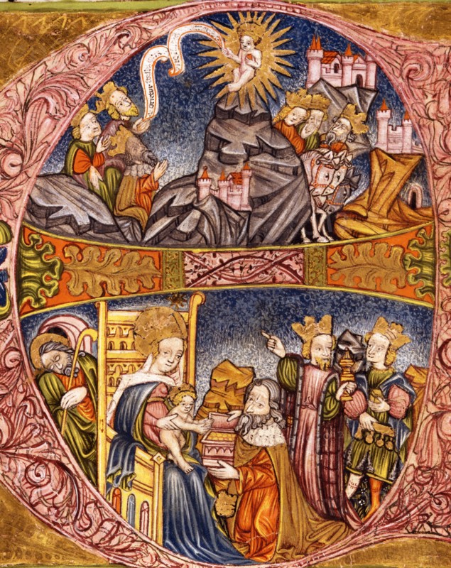 Initiale enluminée : l'Adoration des Mages