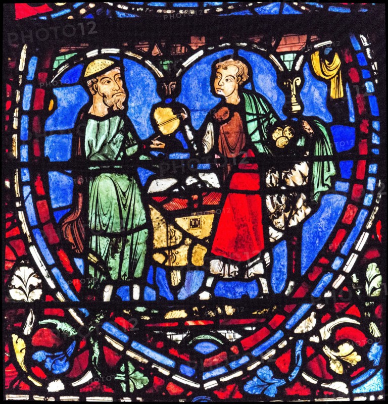 Parabole du fils prodigue : le père donne à son fils sa part d'héritage (vitrail de Chartres)