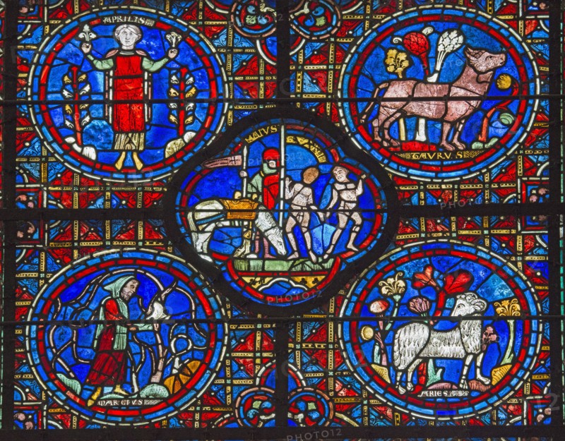 Chartres Cathedral, stained glass window of the Zodiac and the Works of the Months