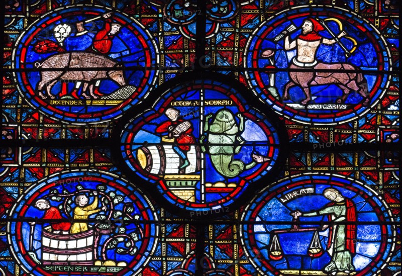Chartres Cathedral, stained glass window of the Zodiac and the Works of the Months