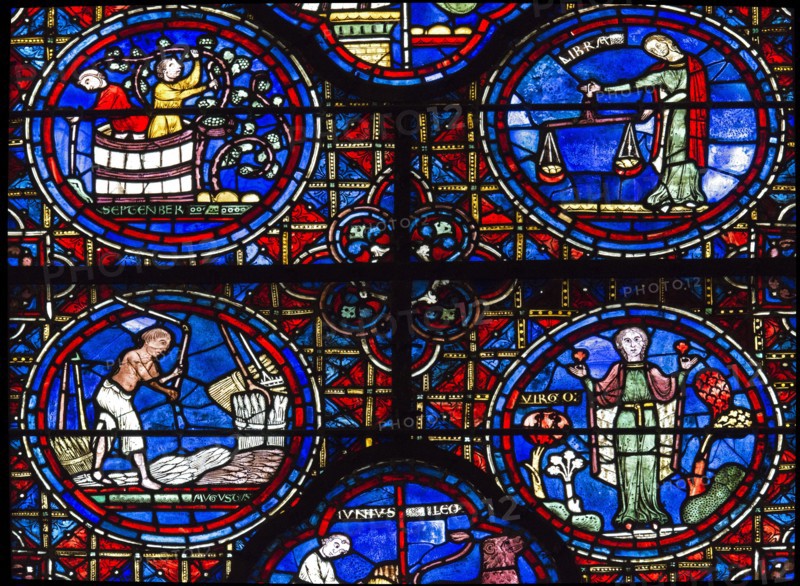 Chartres Cathedral, stained glass window of the Zodiac and the Works of the Months