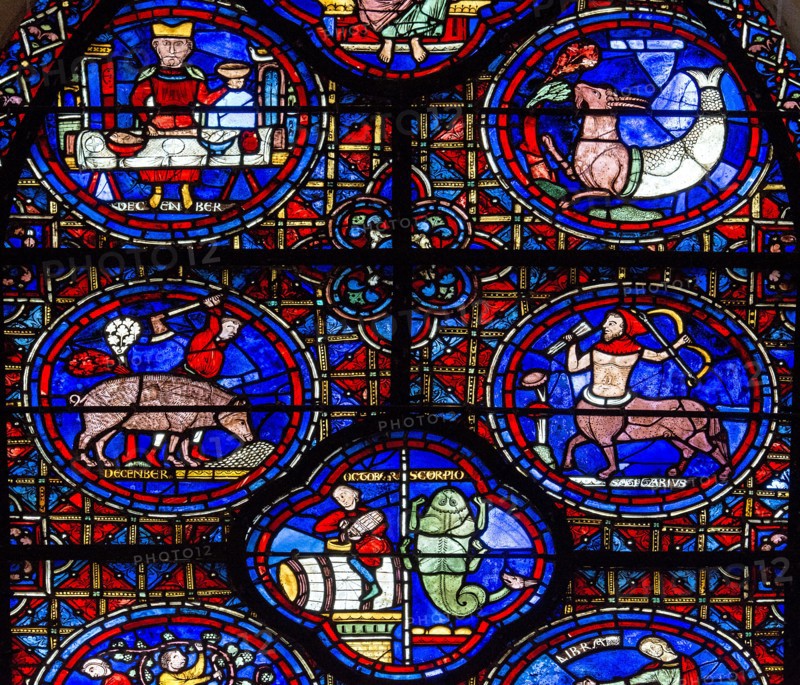 Chartres Cathedral, stained glass window of the Zodiac and the Works of the Months