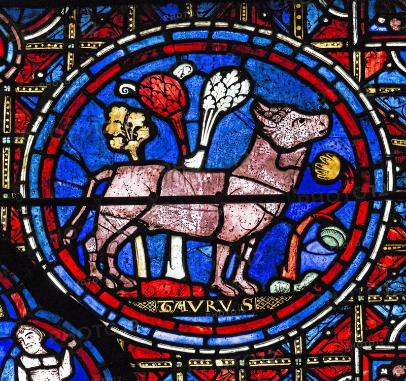 Chartres Cathedral, stained glass window of the Zodiac and the Works of the Months