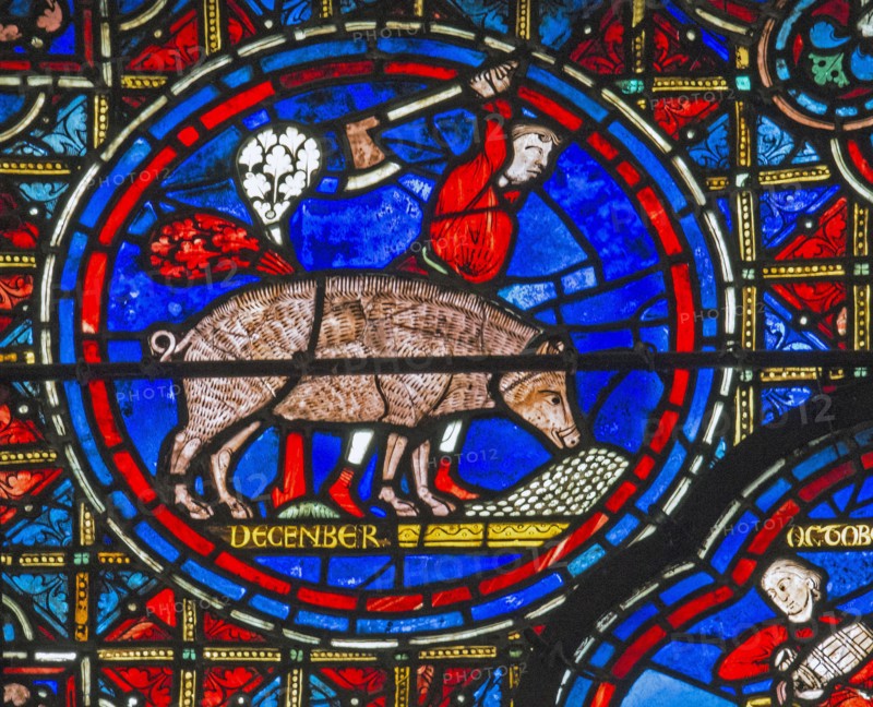 Chartres Cathedral, stained glass window of the Zodiac and the Works of the Months
