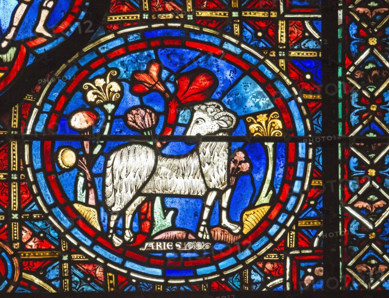 Chartres Cathedral, stained glass window of the Zodiac and the Works of the Months