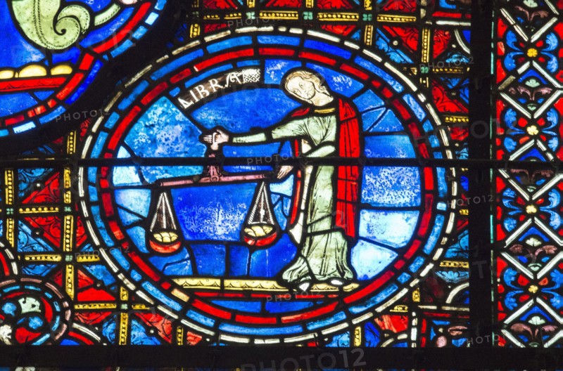 Chartres Cathedral, stained glass window of the Zodiac and the Works of the Months