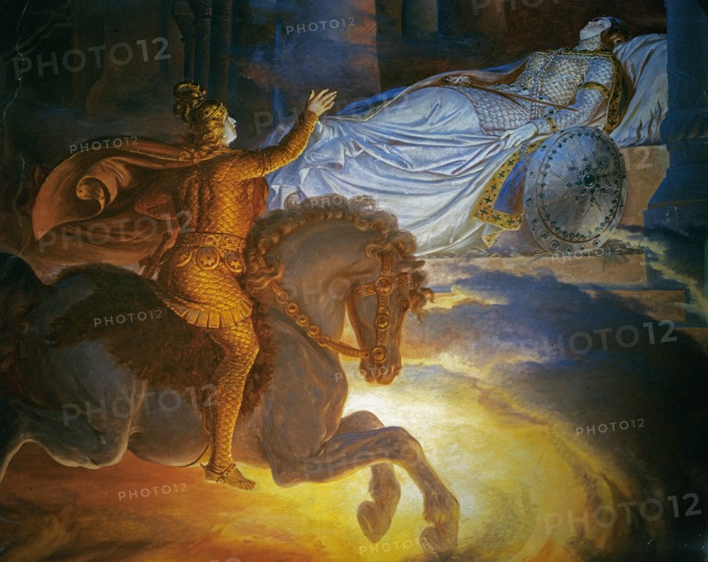 Hauschild, Sigurd trouve Brunhilde endormie, au milieu d'un cercle de feu, bannie par Odin