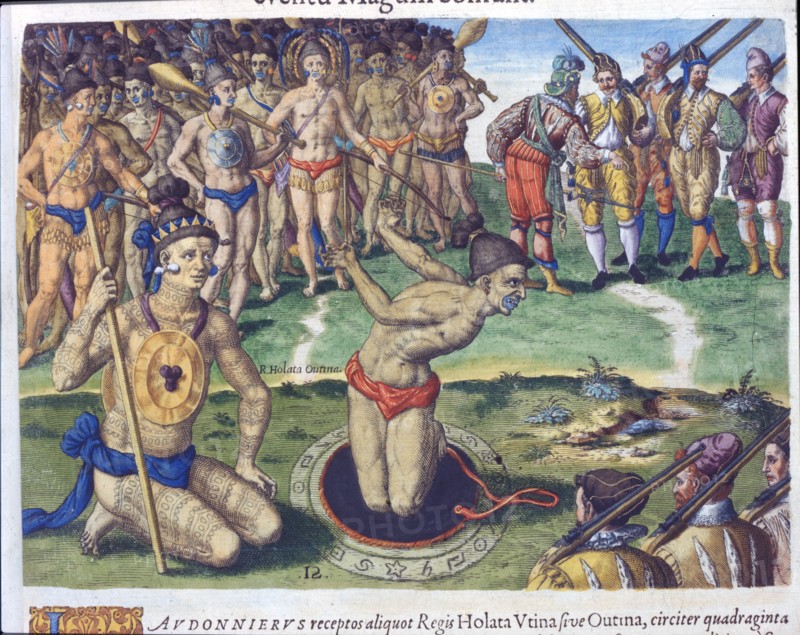 Théodore de Bry, Le chef Outina consulte son sorcier avant la bataille