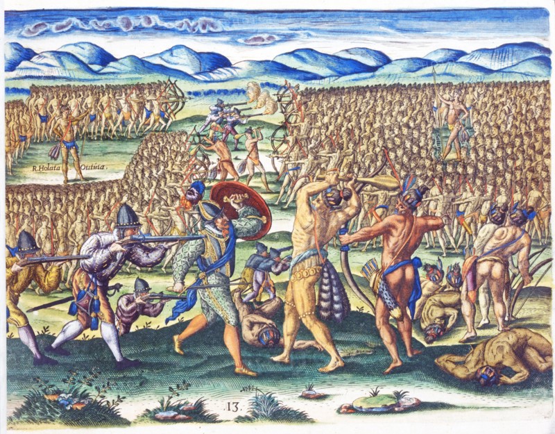 Théodore de Bry, La tribu du chef Outina, avec l'aide des Français, lutte contre la tribu des Saturioua