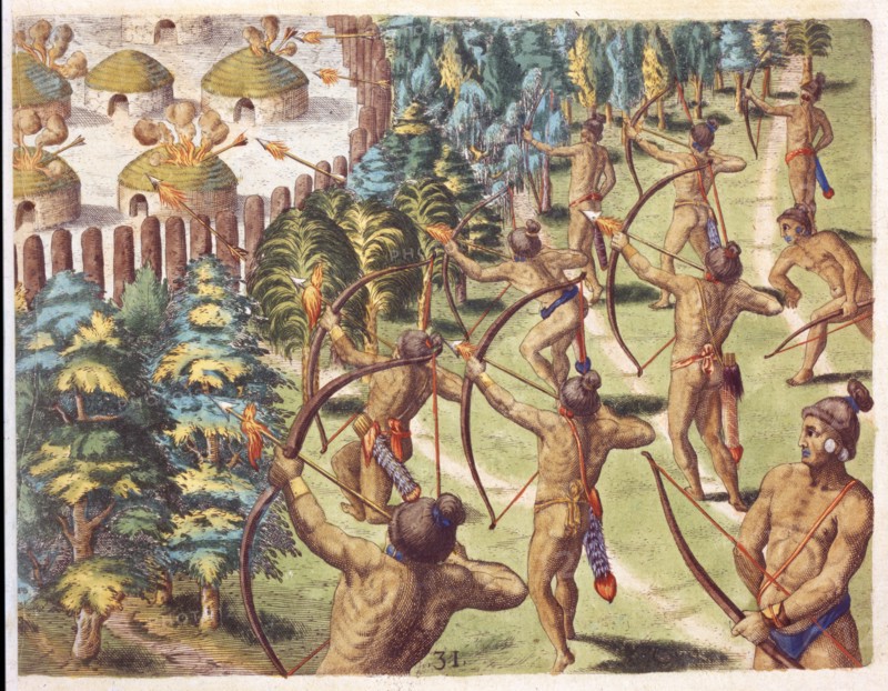 Théodore de Bry, Les indiens attaquent un village ennemi avec des flèches enflammées