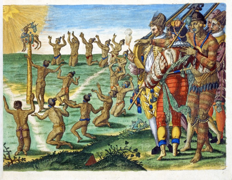 Théodore de Bry, La cérémonie annuelle d'offrande au soleil des tribus amérindiennes