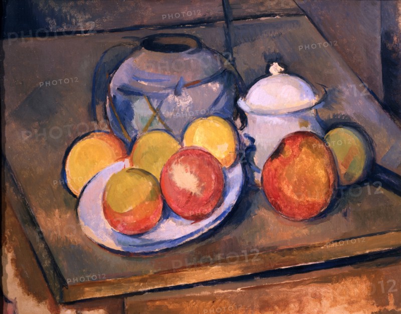 Cézanne, Vase paillé, sucrier et pommes
