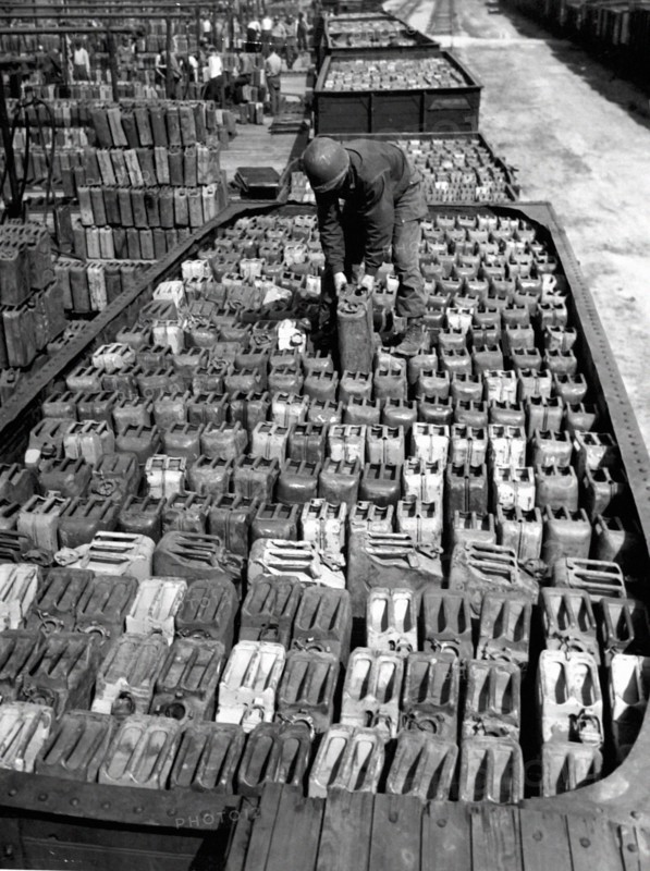 Thousands of jerrycans at Sandhofen, 1945