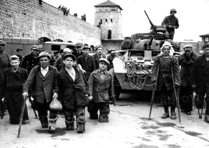 Liberated prisoners  in the Mauthausen Concentration camp, (Germany) 1945