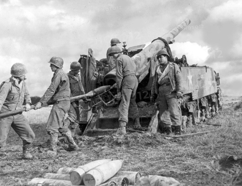 U.S "Long Tom" fires on Siegfried line defenses, 1944