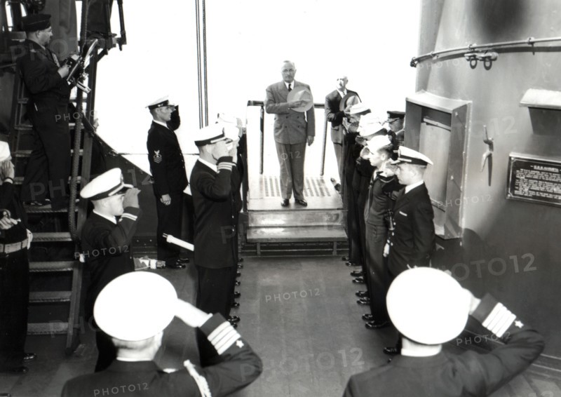 President Truman  arrives aboard the U.S.S. Augusta in Plymouth Harbor,  August 2, 1945