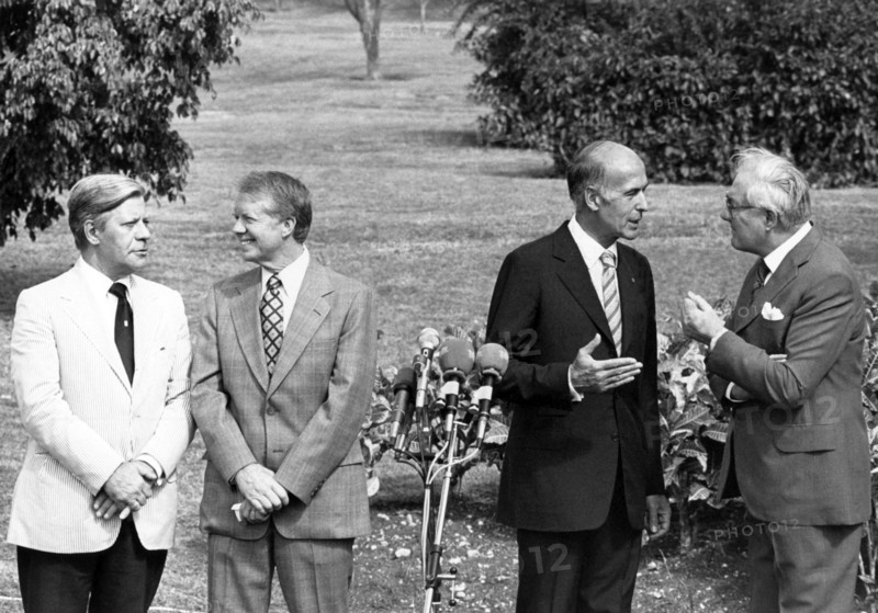 Helmut Schmidt, Jimmy Carter, Valery Giscard d'Estaing and James Callaghan during the Guadeloupe summit meeting