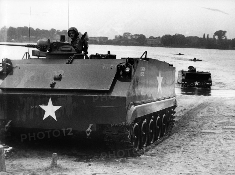 Amphibian vehicle in action during manoeuvre of US army in Grunewald in Berlin