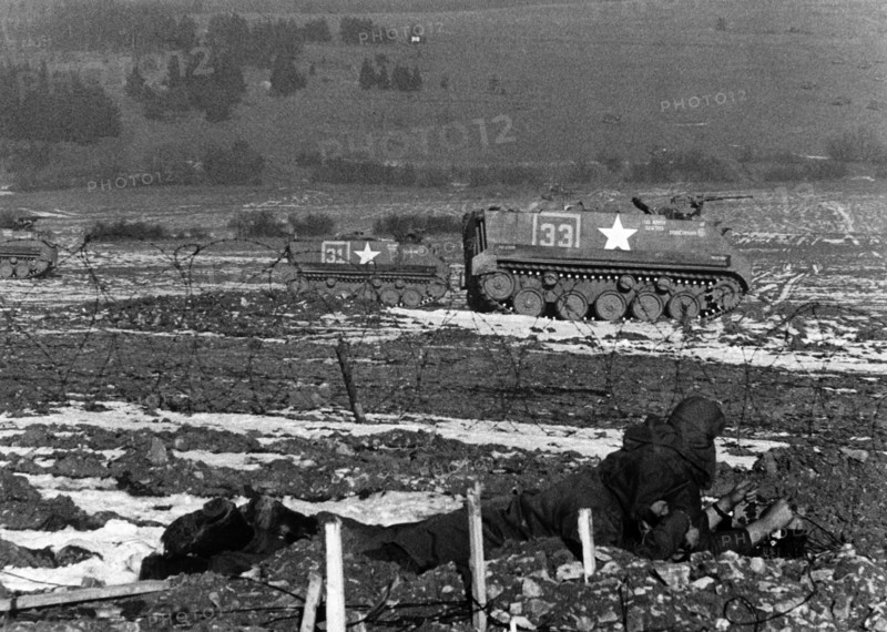 Armoured carriers of the US army during the manoeuvre on the military training area Grafenwöhr