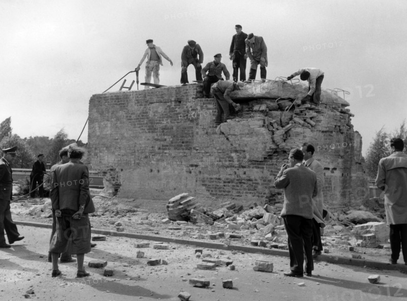 Plinth of the Soviet tank monument at the Potsdamer Chaussee in Berlin is broken up.