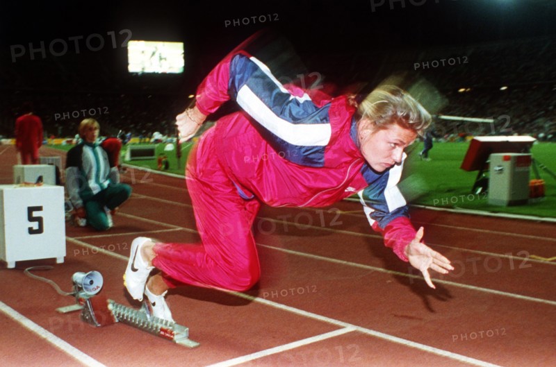 Die Aufnahme vom September 1991 zeigt die deutsche Sprinterin Katrin Krabbe in Berlin beim Training zum Internationalen Stadionfest der Leichtathleten, ISTAAF. | Verwendung weltweit