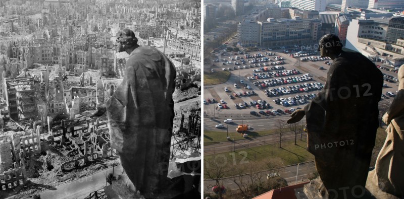 The composite picture shows two birds eye views of the destroyed city centre of Dresden in 1945 (L) by photographer Richard Peter and the rebuilt city centre of Dresden, Germany on 12 February 2015 by photographer Arno Burgi. Allied air raids on 13 ebruary and 14 February 1945 caused vast destructions and left large parts of the city of Dresden in ruins. Photo: Deutsche Fotothek/Richard Peter und Arno Burgi/dpa (ATTENTION EDITORS: NO SALES/ FOR EDITORIAL USE ONLY IN CONNECTION WITH CURRENT REPORTING ON THE 70TH ANNIVERSARY OF THE DESTRUCTION OF DRESDEN/ MANDATORY CREDITS: Deutsche Fotothek / Richard Peter sen./dpa) | Verwendung weltweit