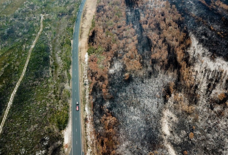 Aerial photo taken on Nov. 11, 2019 shows burnt bushes near Port Macquarie, New South Wales, Australia