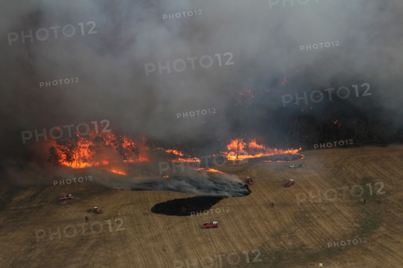 Photo taken on Dec. 20, 2019 shows fire trucks working at Lexton bush fire site in western Victoria, Australia