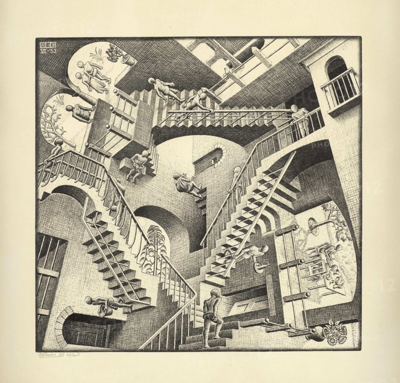 MC Escher_Relativity, 1953 
New York- The May 22 sale of Modern & Contemporary Prints & Multiples achieved US$1,227,500 and the top lot of the sale was Andy Warhol?s Rebel Without a Cause, which realized $125,000. World auction records were achieved for Maurits Cornelis Escher?s Relativity and Sky and Water I, as well as Wayne Thiebaud?s Country City, 1988. |