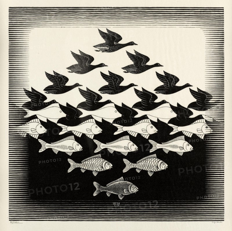Maurits Cornelis Escher (1898-1972); Sky and Water I (Lucht en Water I) 
New York- The May 22 sale of Modern & Contemporary Prints & Multiples achieved US$1,227,500 and the top lot of the sale was Andy Warhol's Rebel Without a Cause, which realized $125,000. World auction records were achieved for Maurits Cornelis Escher's Relativity and Sky and Water I, as well as Wayne Thiebaud?s Country City, 1988. |