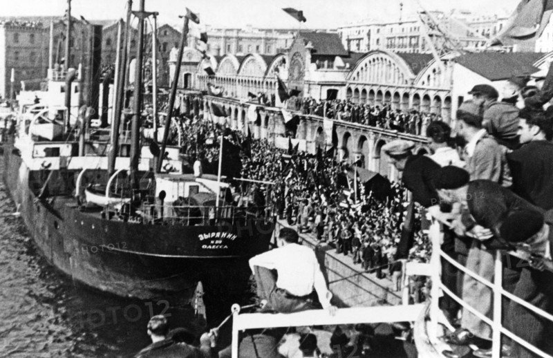 Photo of the Soviet freighter SS Zyrianin (home port Odessa) in the Port of Barcelona