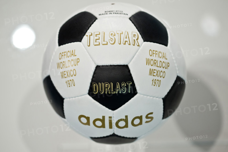 The 'Telstar' soccer ball which was the official ball of the 1970 soccer world cup in Mexico is pictured during the general meeting of sporting goods manufacturer adidas in Fuerth, Germany, 08 May 2014. Photo: DANIEL KARMANN/dpa
