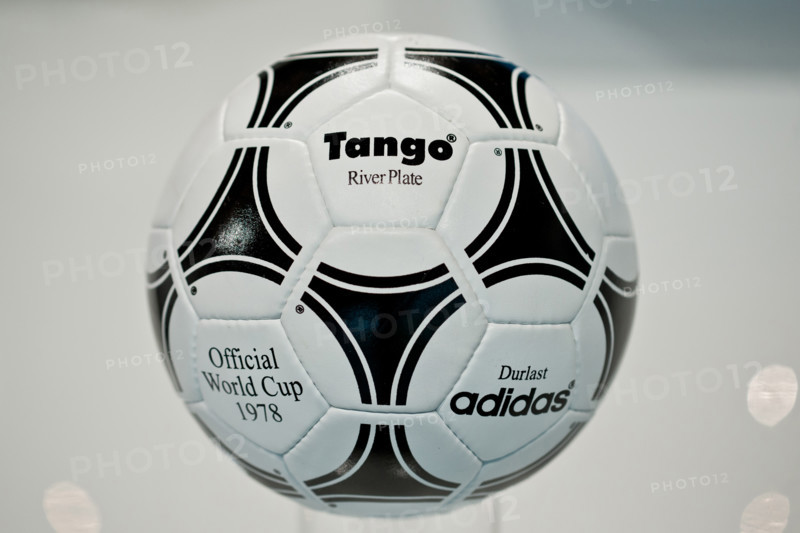 The 'Tango Durlast' soccer ball which was the official ball of the 1978 soccer world cup in Argentina is pictured during the general meeting of sporting goods manufacturer adidas in Fuerth, Germany, 08 May 2014. Photo: DANIEL KARMANN/dpa
