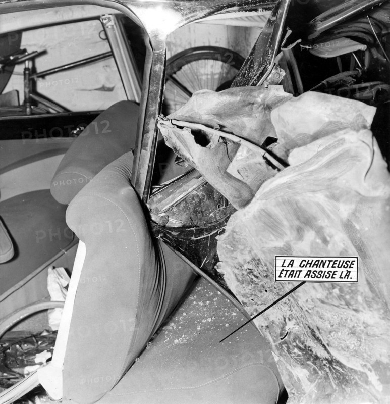 Piaf, her car after the accident, September 6, 1958