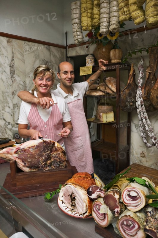 Rosita Cariani and Marco Biagetti, owners of the Butcher shop "Tagliavento" in Bevagna, Italy