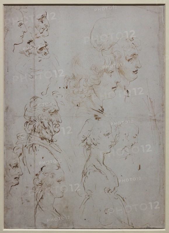 "Heads and Figure in Bust Length Views, one in three quarter length", by Leonardo da Vinci, pen and two different brown inks
