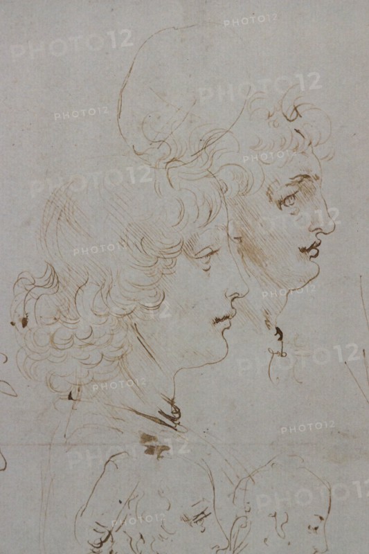 "Heads and Figure in Bust Length Views, one in three quarter length", by Leonardo da Vinci, pen and two different brown inks
