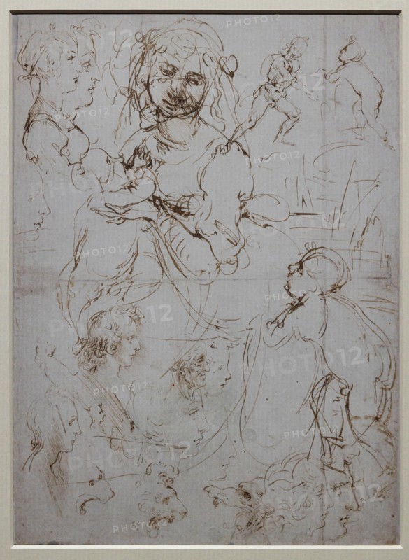 "Heads and Figure in Profile Views, The Virgin Mary nursing Infant Jesus in a Landscape and Infant St. John, a Lion Head and a Dragon" by Leonardo da Vinci