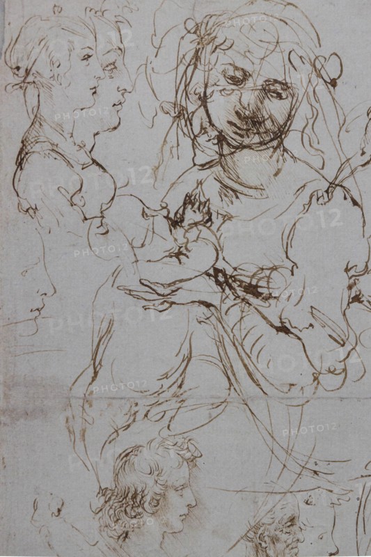"Heads and Figure in Profile Views, The Virgin Mary nursing Infant Jesus in a Landscape and Infant St. John, a Lion Head and a Dragon" by Leonardo da Vinci