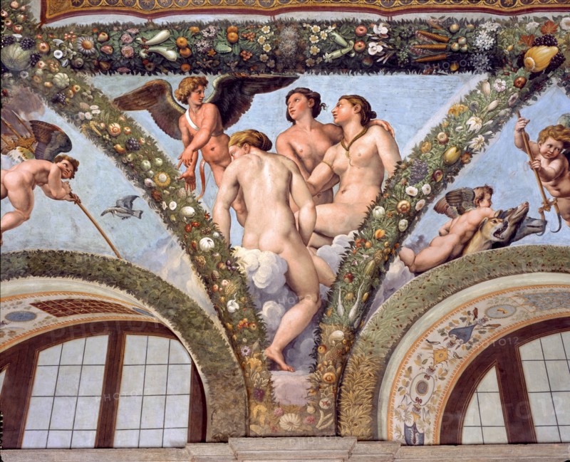 Rome, Villa Farnesina, Loggia of Cupid and Psyche: one vault pendentive representing Cupid and the Graces