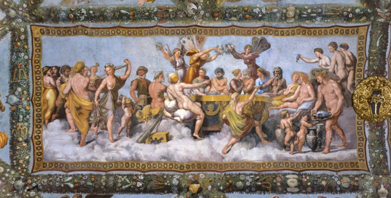 Rome, Villa Farnesina, Loggia of Cupid and Psyche: view of the vault with the Marriage of Cupid and Psyche, the symbolic culmination of the entire cycle