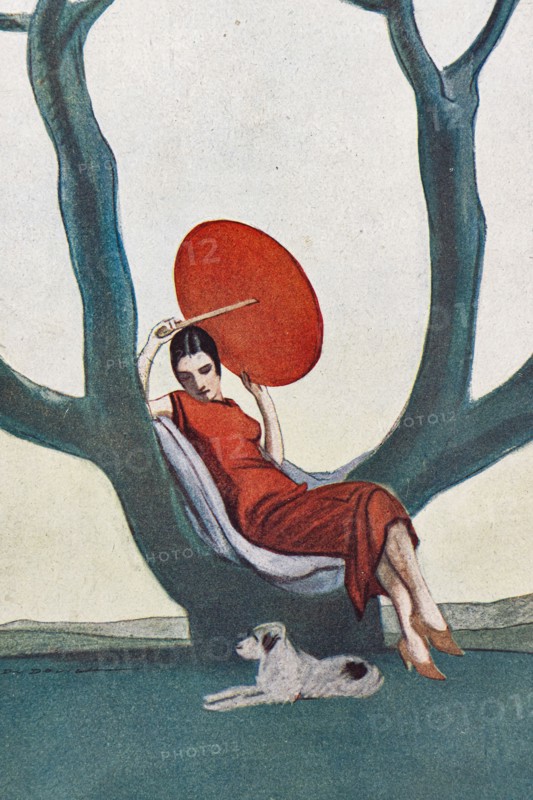 “Donna su albero con parasole rosso. La Lettura, 1° luglio 1925"