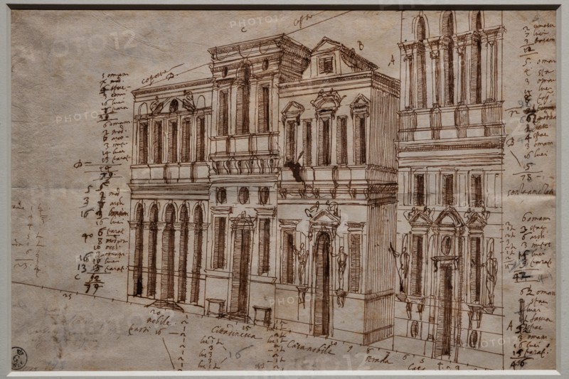 “The Olympic Theatre, Vicenza: study of the right side”, drawing by Vincenzo Scamozzi