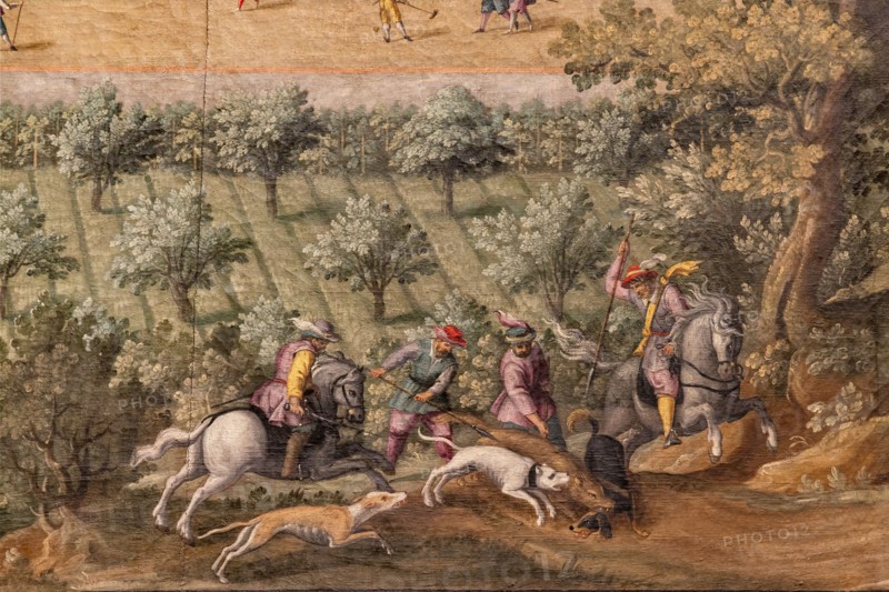 Medici Villa La Petraia: “the Medici villa of Lappeggi”, in the lunette called “La Peggio”, one of the fourteen lunettes by Giusto Utens, Italianized name of Iustus van Utens, 1599-1602. This villa is located between the towns of Antella and Grassina, hamlets of Bagno a Ripoli.
The lunettes present idyllic aerial views of calligraphic precision, very decorative and precious evidence of the appearance of these buildings in the past. They were painted for the Medici villa of Artimino as an "inventory" (today we would say "cadastre") of the possessions of the Grand Duke Ferdinando I de' Medici, and after various moves, they are preserved today in the Villa La Petraia. Originally there were 17, but only 14 have reached us.
Detail with hunting scene.
Villa medicea La Petraia, Firenze (FI) - Florence, Toscana - Tuscany, Italia - Italy