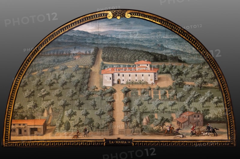 Medici Villa La Petraia: “the Medici villa La Magia”, in the lunette called “La Magia”, one of the fourteen lunettes by Giusto Utens, Italianized name of Iustus van Utens, 1599-1602. This villa is located in Quarrata.
The lunettes present idyllic aerial views of calligraphic precision, very decorative and precious evidence of the appearance of these buildings in the past. They were painted for the Medici villa of Artimino as an "inventory" (today we would say "cadastre") of the possessions of the Grand Duke Ferdinando I de' Medici, and after various moves, they are preserved today in the Villa La Petraia. Originally there were 17, but only 14 have reached us.
Villa medicea La Petraia, Firenze (FI) - Florence, Toscana - Tuscany, Italia - Italy